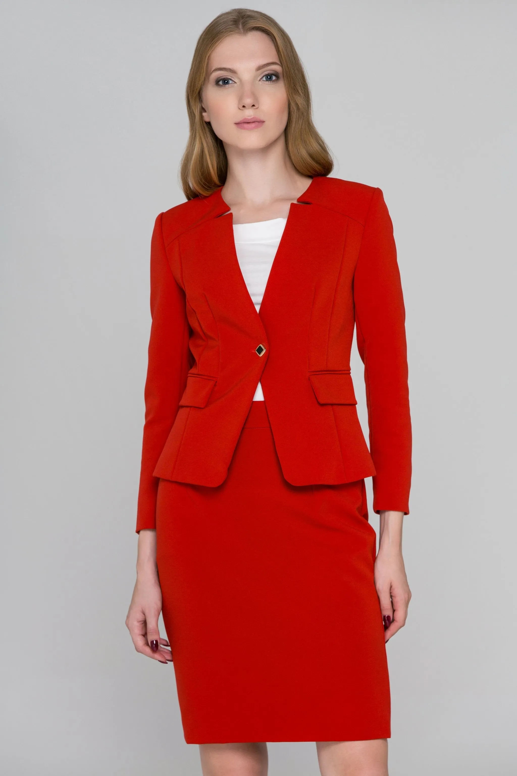 Red Reverse Notched collar Blazer and Skirt Set