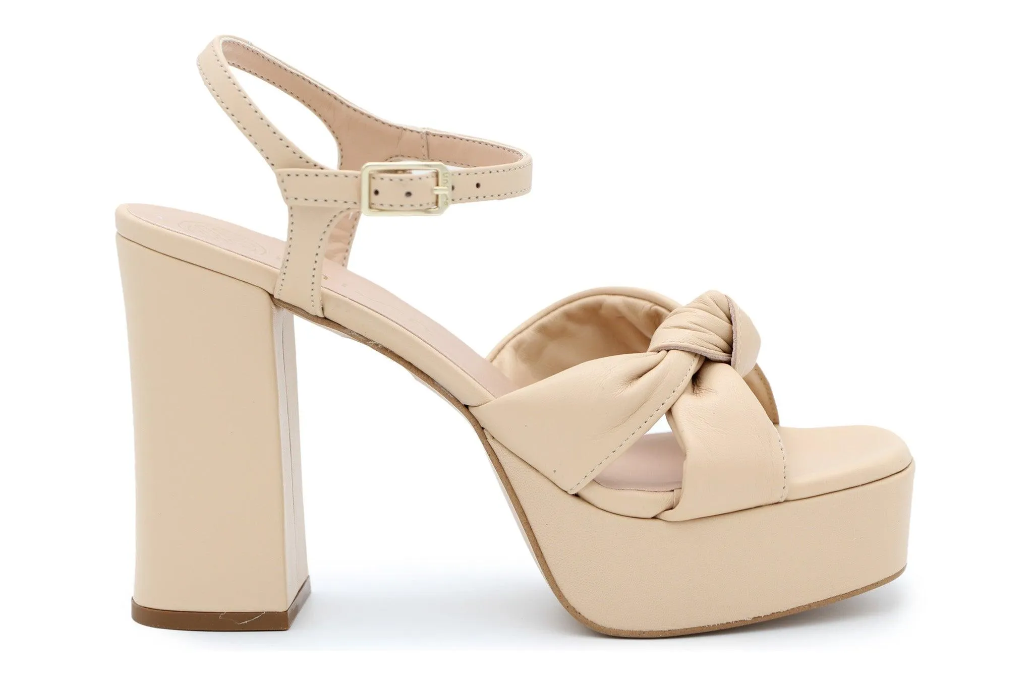 UNISA Nude Leather High Block Heel Knotted Platform Sandal UMI