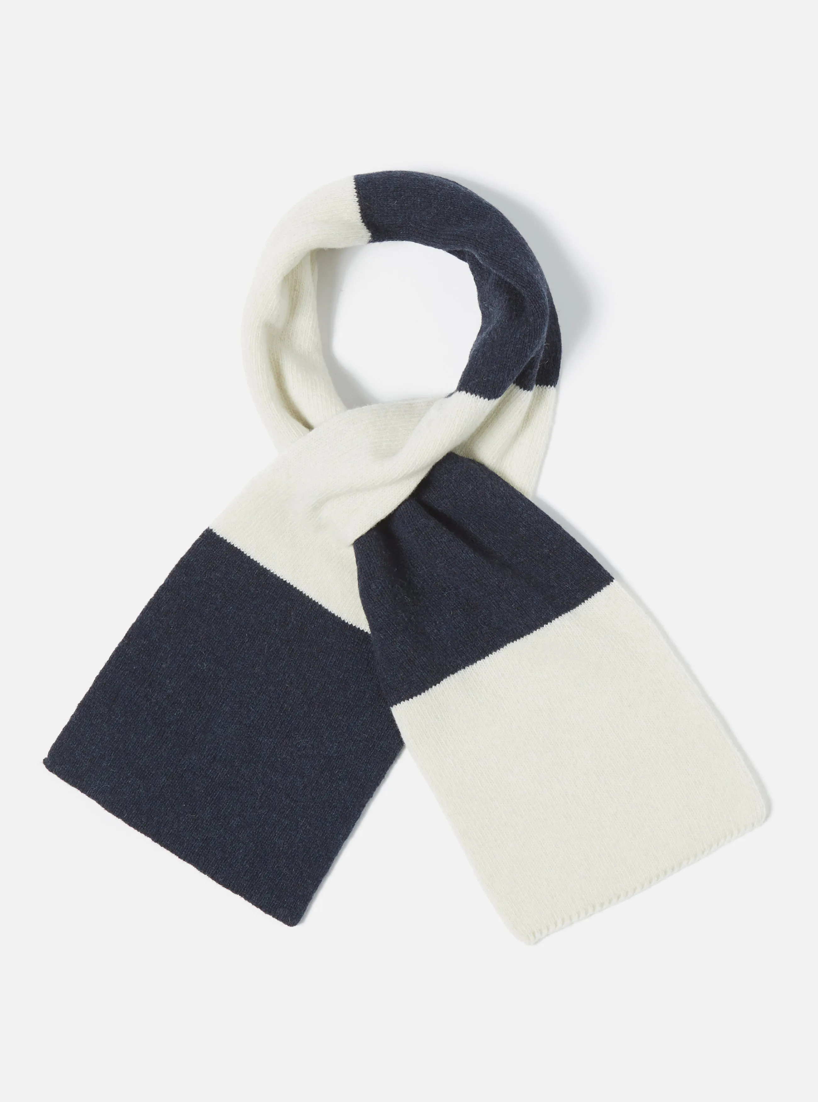 Universal Works Deluxe Football Scarf in Navy/Ecru Soft Wool