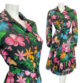 VINTAGE 60s 70s BLACK PINK GREEN FLOWER FERN PLEATED MOD BELTED SHIRT DRESS 8 10