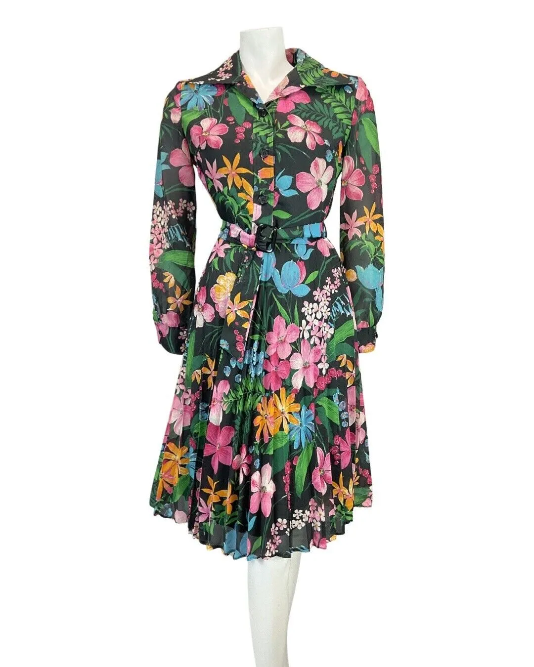 VINTAGE 60s 70s BLACK PINK GREEN FLOWER FERN PLEATED MOD BELTED SHIRT DRESS 8 10