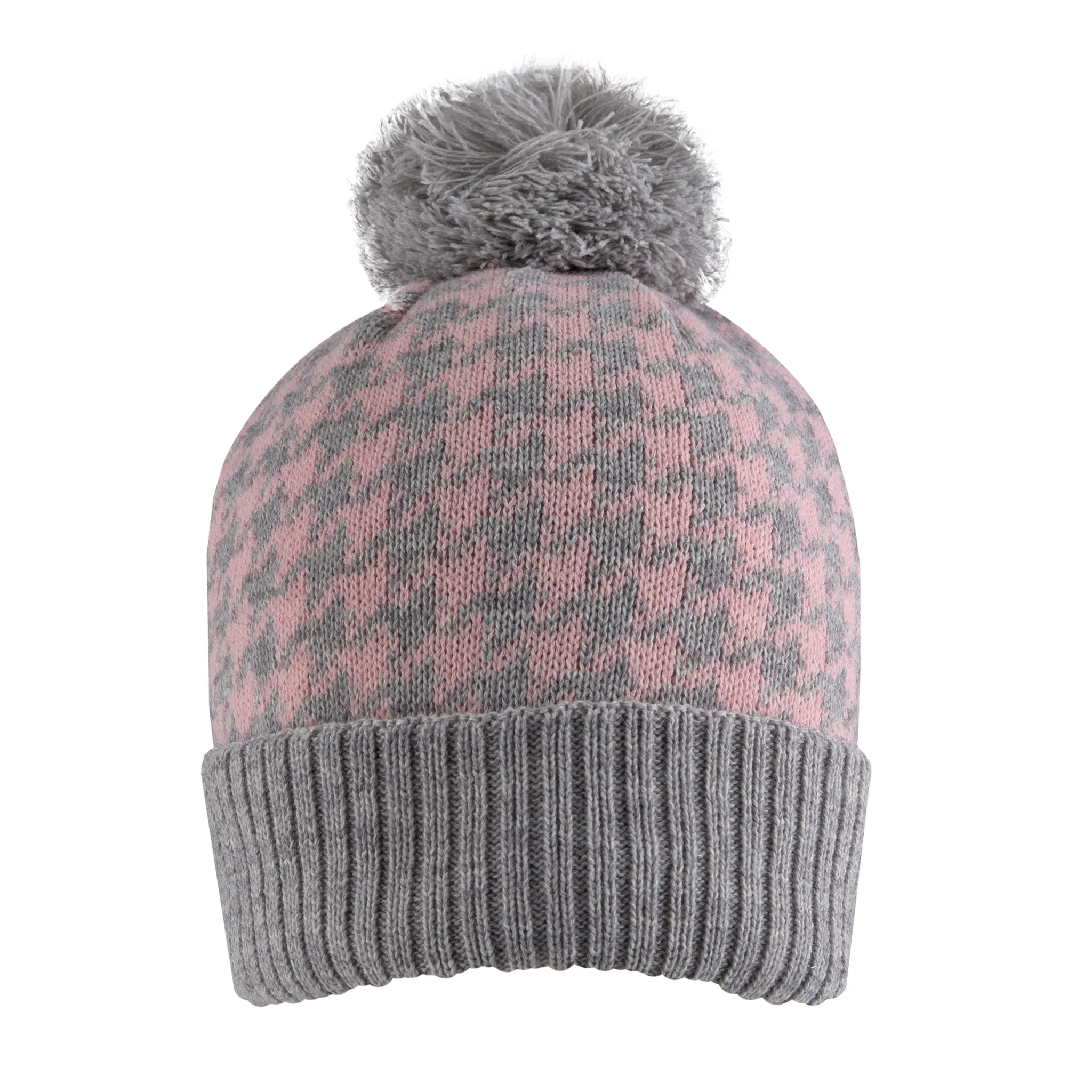 Women’s Knitted Bobble Hat with Dogtooth Pattern